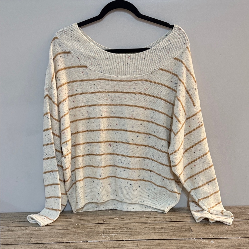 Pink Lily Off-the-Shoulder Sweater in Cream and Tan